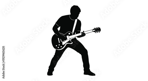 Silhouette of a man playing an electric guitar with dynamic pose and white background representing music and entertainment