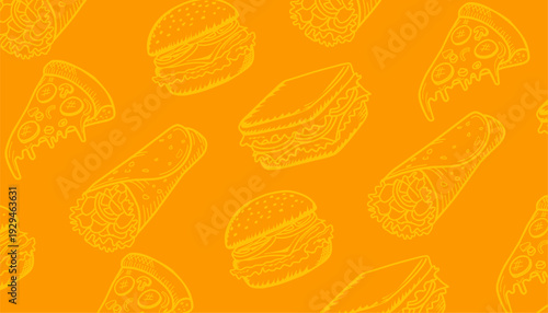 Fast Food Seamless Pattern. Burger Pizza Kebab Motif. Hand Drawn Outline Style. Repeating Streetfood Background. Packaging Textile Design.
