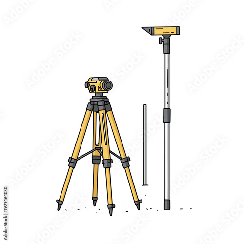 Illustration of yellow and grey surveying equipment, including a tripod with an automatic level and a measuring rod, used for land and construction site measurements.
