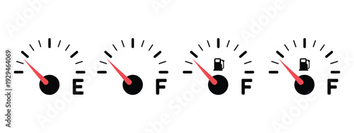 Fuel Gauge Icon full and empty gas tank indicator, automotive dashboard equipment, arrow pointer scale, vehicle fuel level vector illustration.