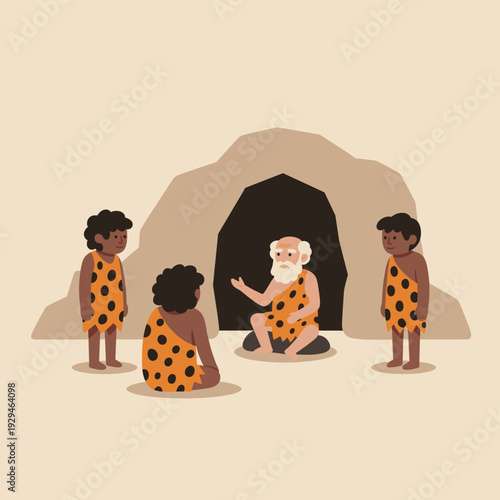 An older caveman with a beard tells stories to three younger cave children in front of a cave entrance, depicting an ancient tribal scene.