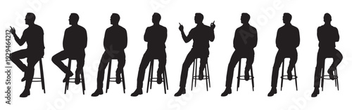 Set of diverse people sitting on chairs, isolated silhouettes on white background vector collection