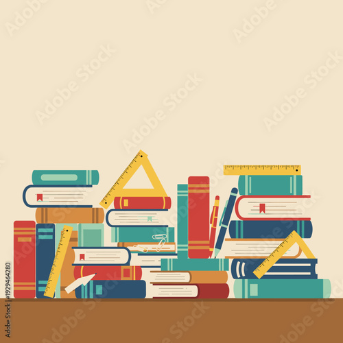 A flat design illustration of multiple stacks of colorful books with rulers, pencils, and a protractor, symbolizing education and learning.