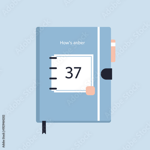 A minimalist illustration of a light blue diary or notebook with "How's anber" and "37" on the cover.