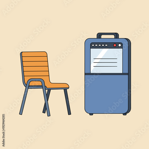 A simple illustration of an orange chair next to a blue portable air conditioner or server unit on a plain background.