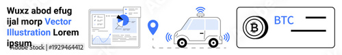 Smart transportation, digital payments, fintech, data analytics, navigation, blockchain. Self-driving car with signals, GPS pin analytics charts and Bitcoin logo. Smart transportation and digital