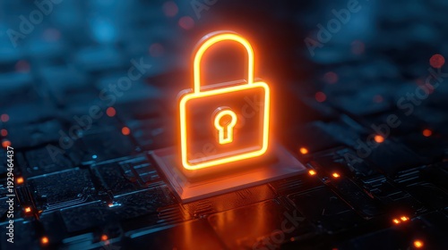 Glowing Orange Padlock Icon on Dark Circuit Board Background For Network Security