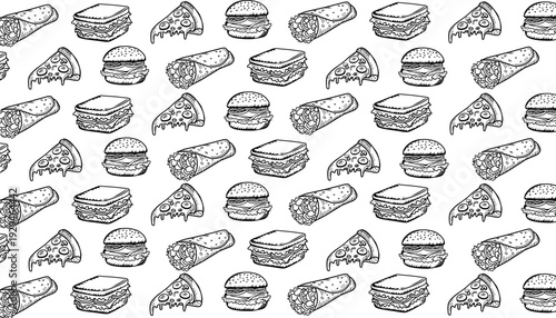 Fast Food Seamless Pattern. Burger Pizza Kebab Motif. Hand Drawn Outline Style. Repeating Streetfood Background. Packaging Textile Design.