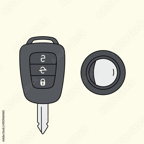 A detailed illustration of a modern car key with remote control buttons and a separate car ignition switch, presented on a plain background.