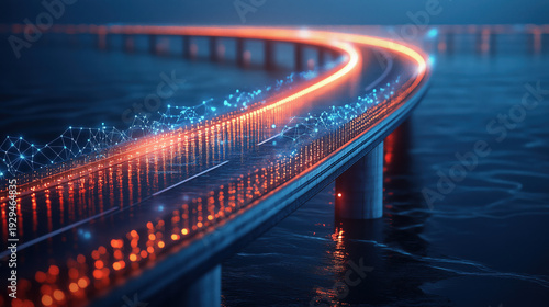 curved bridge road with digital waypoint icons connected by light trail, strategic planning visualization, modern business tone