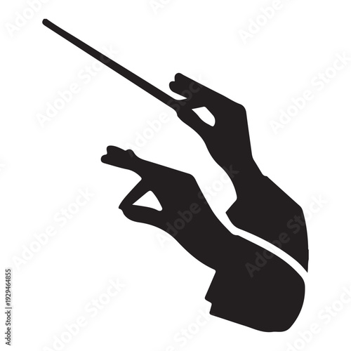 Black Silhouette Hands with Baton Conducting Music on White Background