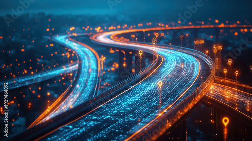 curved bridge road with digital waypoint icons connected by light trail, strategic planning visualization, modern business tone