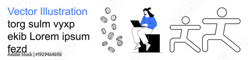 Freelancing, digital finance, remote work, technology, productivity, teamwork. A person using a laptop accompanied by flowing coins and abstract running figures. Remote work and digital finance