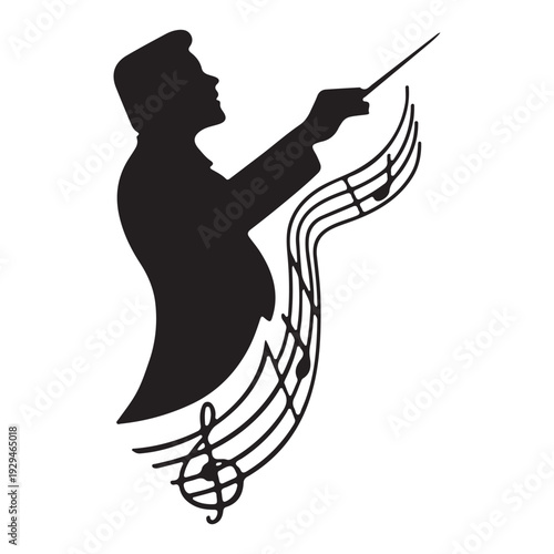 Stylized Black Conductor Silhouette with Flowing Musical Staff and Notes Graphic