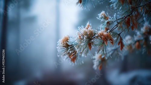 Frosted Pine Branch Detail in Soft Blue Winter Light