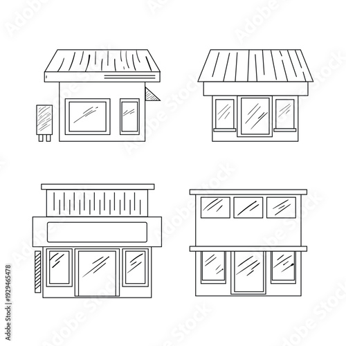 Hand-drawn doodle vector illustrations of business buildings such as markets, cafes, bars, and restaurants. The simple and unique sketch design is suitable for branding elements, culinary business ico