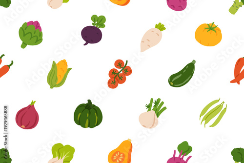 Flat Cartoon Vegetable Seamless pattern. Fresh Farm Vegetables Icons Collection, Colorful Healthy Food Illustration, Organic Veggies Vector for Market, Menu, Packaging