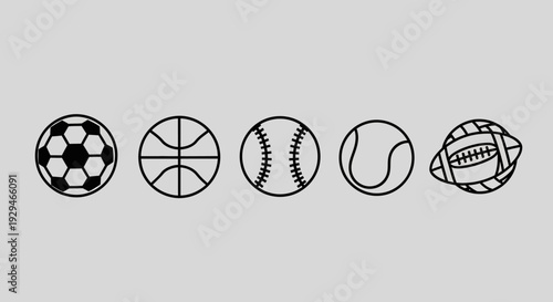 Collection of diverse sports balls icons: soccer, basketball, baseball, tennis, and American football
