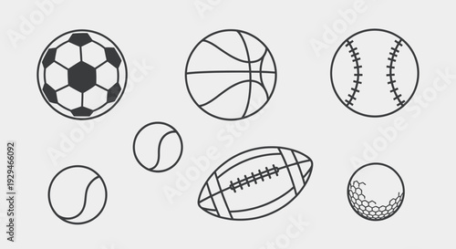 Collection of diverse sports balls: soccer, basketball, baseball, tennis, football, golf
