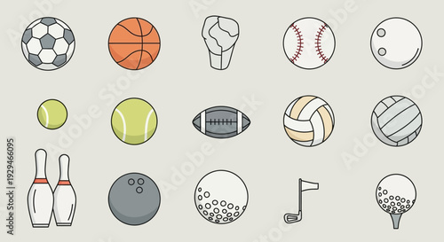 Collection of diverse sports balls and equipment, flat design icons on a neutral background.