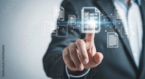 Businessman touching virtual screen with check mark icons, concept of electronic signature, document management system