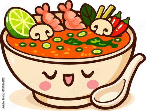 A fun and playful illustration of Tom Yum soup in a kawaii style, featuring shrimp, lime, mushrooms, and vibrant vegetables.