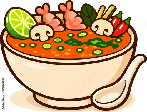 This illustration features a vibrant, flavorful bowl of Tom Yum soup. The soup is rich and spicy, with garnishes such as shrimp, lime, mushrooms, chili peppers, and herbs like lemongrass and spinach. 