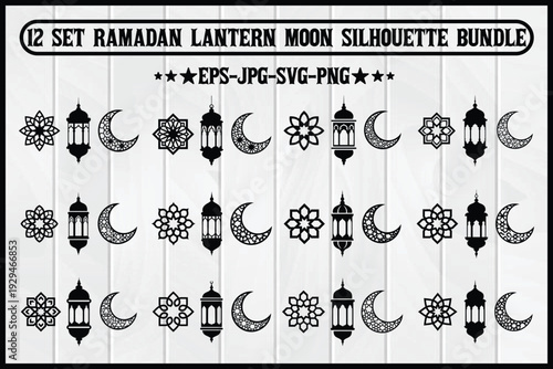 Decorative ramadan lantern and crescent moon silhouette vector bundle for digital design Vector