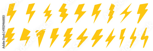 Lightning bolt vector collection, electric power icons representing energy, electricity, voltage, and electrical current for technology, digital, and creative design projects.