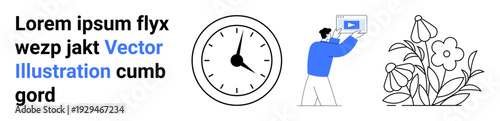 Clockface, person presenting tablet with a video play icon, and decorative flowers. Ideal for time management, productivity, technology, creativity, education, growth and a simple landing page