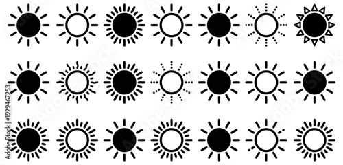 Set of 20 Black Sun Icons – Minimal Sunburst and Solar Symbols in Vector Style