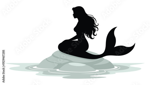 Beautiful mermaid silhouette sitting on rock in water