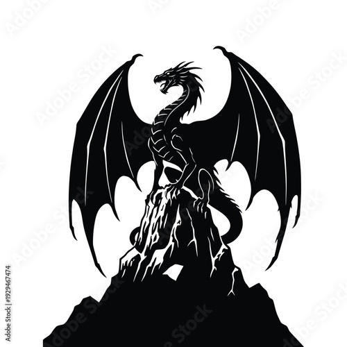 Dragon perched on mountain peak with wings spread wide