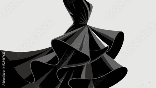 A minimalist vector illustration of a black evening gown with a ruffled skirt and bow detail.