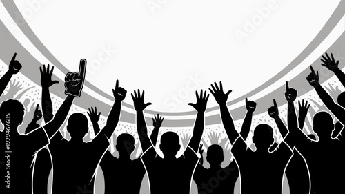 A vector graphic illustration of a crowd of people cheering and raising their hands in a stadium