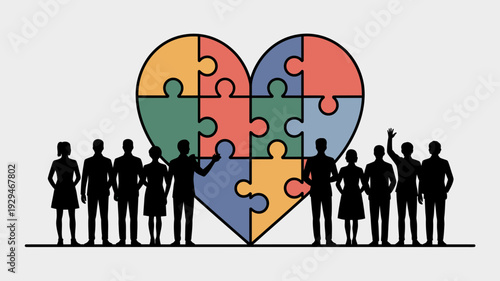 A group of people standing together forming a heart shape with puzzle pieces symbolizing unity and teamwork