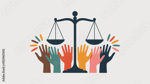 A vector graphic illustration of a scale of justice surrounded by diverse hands in different colors, symbolizing equality and fairness.