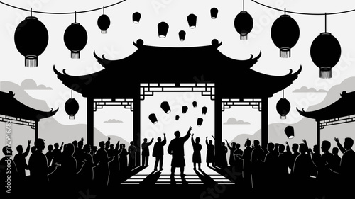 A black silhouette illustration of a crowd of people releasing lanterns at a traditional Chinese gate