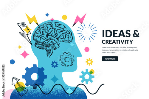 Vector trendy collage with human head, brain and gears. Hand drawn sketch illustration. Concept of creative thinking