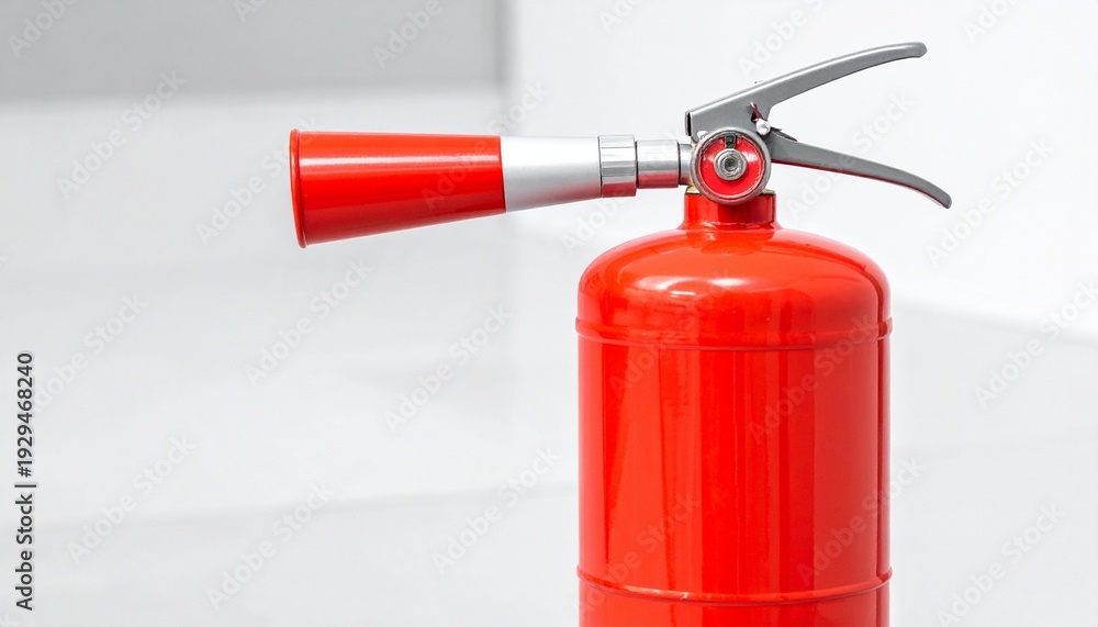 Naklejka premium Red Fire Extinguisher with Pressure Gauge and Hose – Indoor Safety Equipment Photography