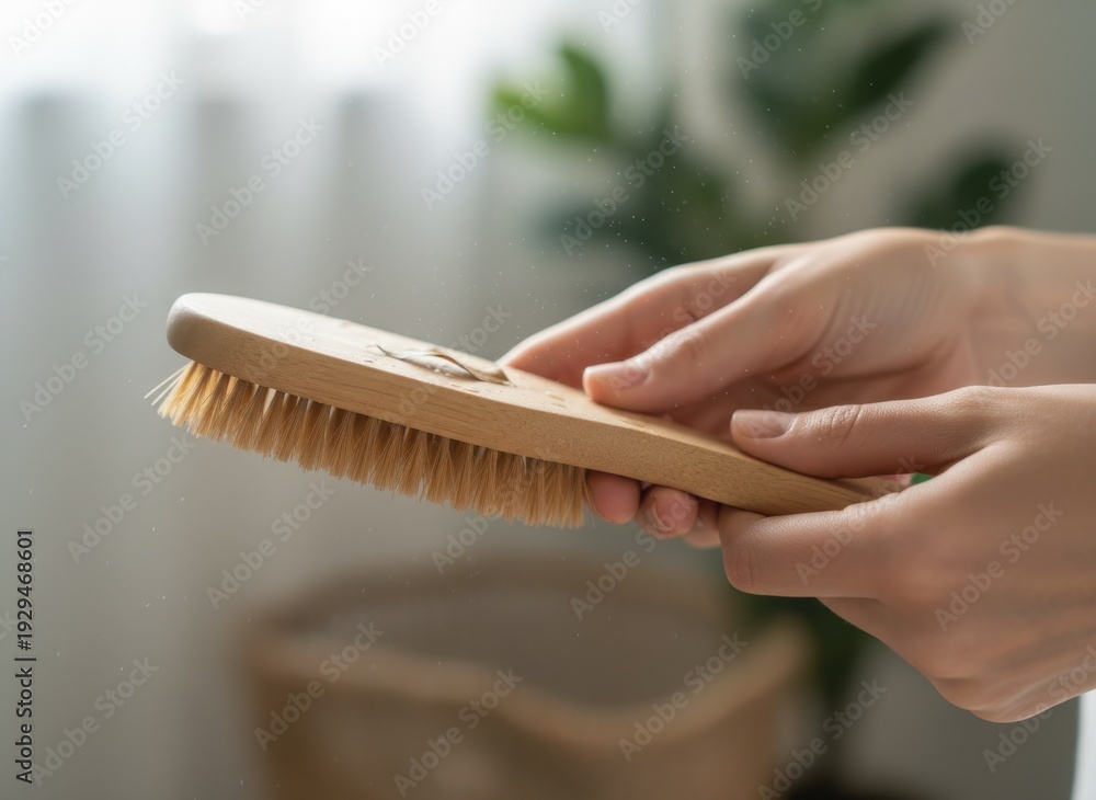 Naklejka premium Close Up Of Hands Holding A Natural Bristle Body Brush For Dry Brushing Skin Care Routine Soft Focus Background With Green Plant And Diffused Light