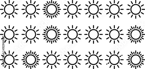 Set of Sixteen Minimal Sun Icons – Black and White Hand-Drawn Sunburst Symbols in Vector Style

