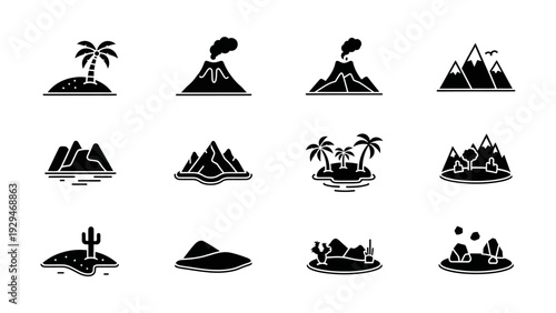 Black silhouettes of mountain ranges icons.