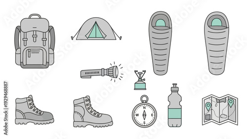 Camping gear and outdoor equipment icons.