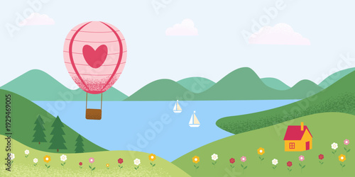 Romantic hot air balloon over peaceful rural spring landscape flat vector illustration