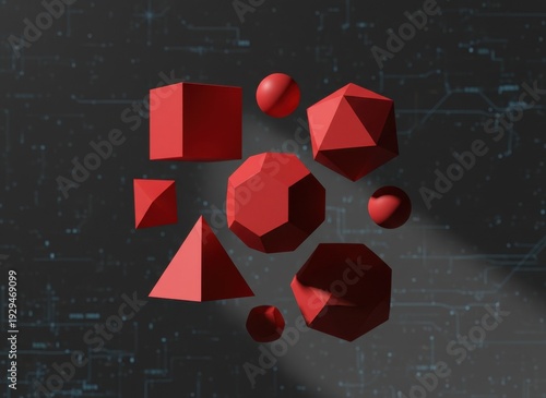 Abstract Arrangement Of Red Geometric Shapes Including Cubes Spheres Pyramids And Polyhedrons On A Dark Textured Background With Subtle Lighting