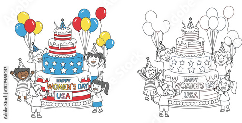 Happy Women's Day USA: Diverse Kids Celebrating with Patriotic Cake and Balloons