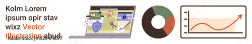 Data management, cybersecurity, analytics, business growth, financial tracking, technology. A laptop with a shield, a pie chart and a line graph. Cybersecurity and data analytics visualization