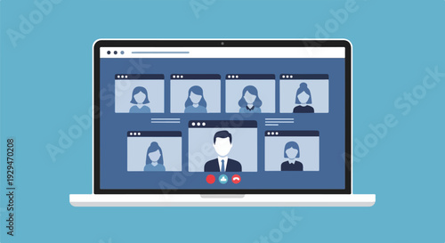 Laptop screen showing a video conference call with multiple participants in a grid layout, representing remote work and online communication.