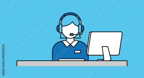 Customer service representative with headset and computer, flat design illustration on blue background